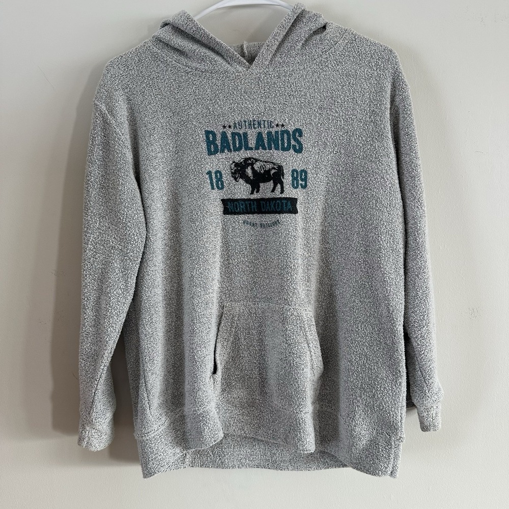 Kids Unisex Badlands ND‎ Hooded Sweatshirt Terry Cloth Gray Buffalo XL Cotton - Picture 3 of 10